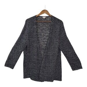 J Jill Womens Open Front Cardigan L Petite Black‎ Silver Marled Open Knit Layer